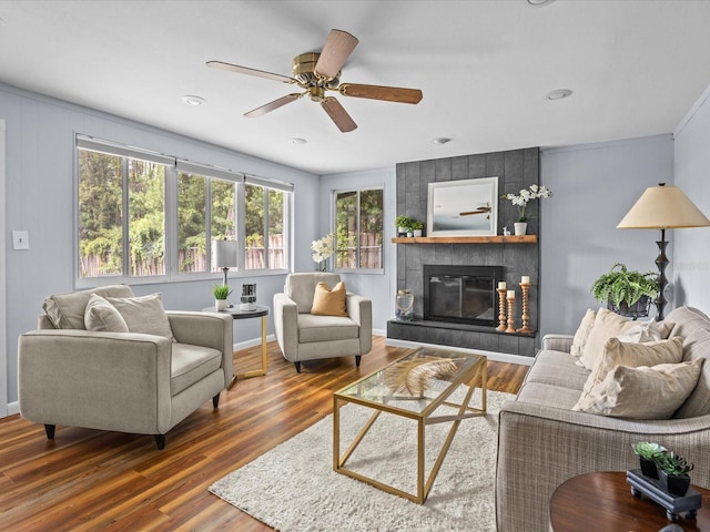 2244 Brookshire Ave, Winter Park, FL 32792 - living room with wood finished floors, a fireplace, a ceiling fan, and recessed lighting