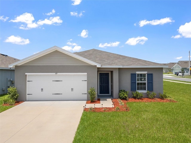489 Panaro Ln, Haines City, FL 33844 - single story home with stucco siding, a garage, a front lawn, driveway, and roof with shingles
