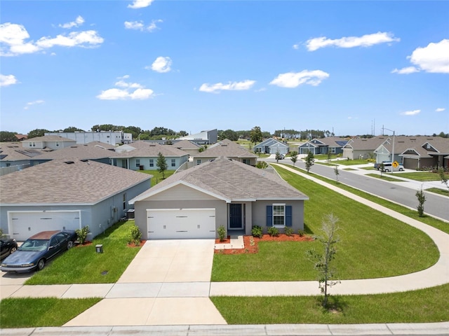 489 Panaro Ln, Haines City, FL 33844 - ranch-style home with a residential view, a garage, concrete driveway, a front yard, and a shingled roof