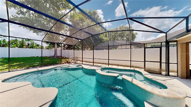 14723 Pine Cone Trl, Clermont, FL 34711 - view of pool with a pool with connected hot tub, a fenced backyard, a patio, and glass enclosure
