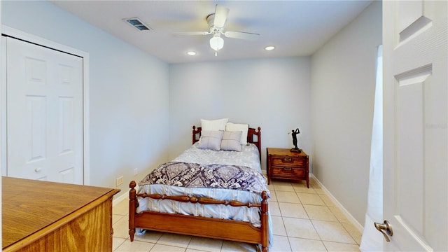 14723 Pine Cone Trl, Clermont, FL 34711 - bedroom with light tile patterned floors, recessed lighting, and ceiling fan
