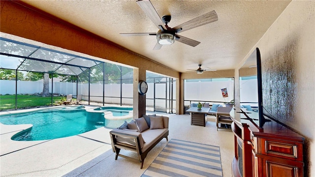 14723 Pine Cone Trl, Clermont, FL 34711 - view of swimming pool featuring a patio, a pool with connected hot tub, ceiling fan, a fenced backyard, and outdoor lounge area