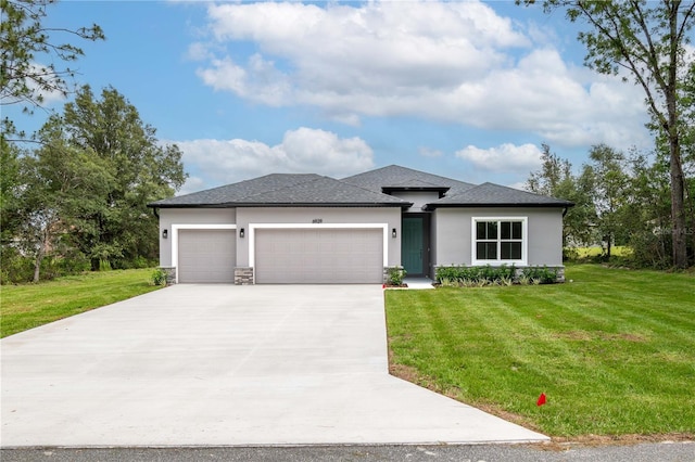 6929 SW 130th Lane Rd, Ocala, FL 34473 - prairie-style house featuring an attached garage, stucco siding, and a front lawn
