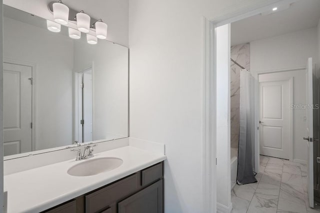 1551 Gateway Ln, Kissimmee, FL 34746 - full bath featuring marble look tile flooring, vanity, and shower / tub combo with curtain
