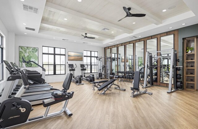 1667 Eaglehurst Ln, Apopka, FL 32703 - workout area with a ceiling fan, wood finished floors, recessed lighting, baseboards, and wooden ceiling with exposed beams
