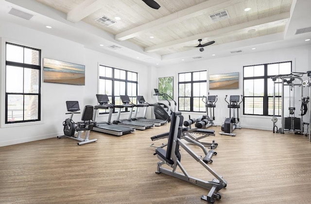1667 Eaglehurst Ln, Apopka, FL 32703 - exercise room featuring ceiling fan, wood finished floors, wood ceiling with exposed beams, baseboards, and recessed lighting