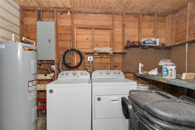 1753 NW 44th St, Ocala, FL 34475 - laundry room with electric water heater, electric panel, wood ceiling, independent washer and dryer, and wooden walls