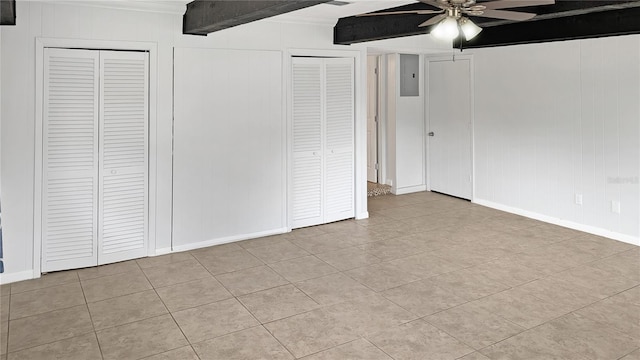 2804 Clearfield Ave, Orlando, FL 32808 - unfurnished bedroom featuring two closets, tile patterned flooring, beam ceiling, ceiling fan, and electric panel