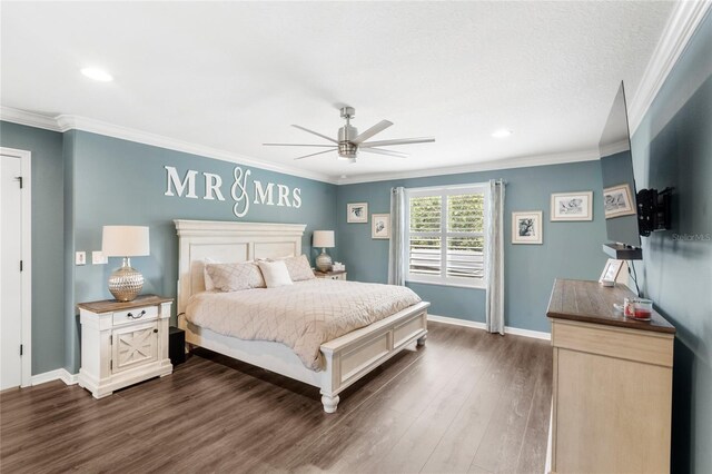 25537 High Hampton Cir, Sorrento, FL 32776 - bedroom featuring dark wood-type flooring, baseboards, ornamental molding, ceiling fan, and recessed lighting