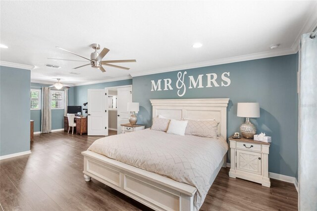 25537 High Hampton Cir, Sorrento, FL 32776 - bedroom featuring baseboards, dark wood finished floors, ornamental molding, a desk, and recessed lighting