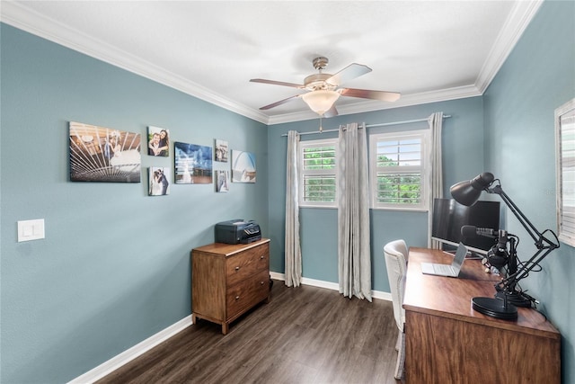 25537 High Hampton Cir, Sorrento, FL 32776 - office space with dark wood-style floors, ceiling fan, crown molding, and baseboards