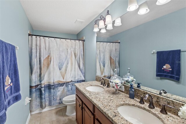25537 High Hampton Cir, Sorrento, FL 32776 - bathroom featuring toilet, double vanity, tile patterned flooring, and a shower with shower curtain