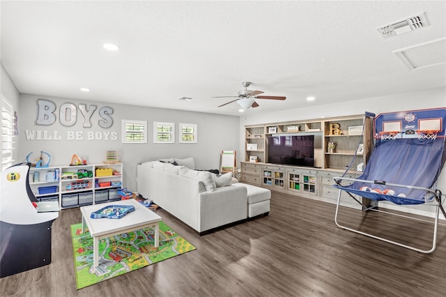 25537 High Hampton Cir, Sorrento, FL 32776 - living room featuring wood finished floors, recessed lighting, ceiling fan, and attic access