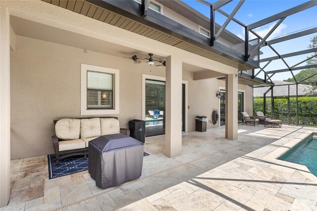 25537 High Hampton Cir, Sorrento, FL 32776 - view of patio featuring glass enclosure, an outdoor pool, and ceiling fan