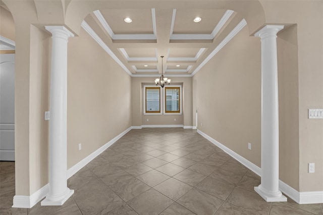 15344 Johns Lake Pointe Blvd, Winter Garden, FL 34787 - unfurnished room featuring coffered ceiling, ornamental molding, recessed lighting, beam ceiling, and decorative columns