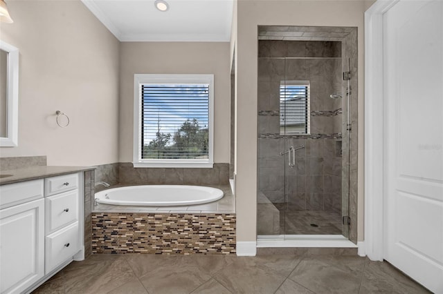 15344 Johns Lake Pointe Blvd, Winter Garden, FL 34787 - full bathroom featuring a garden tub, vanity, a shower stall, and ornamental molding