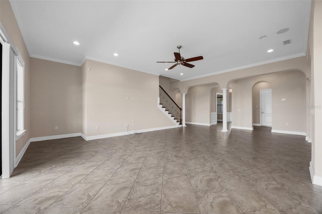 15344 Johns Lake Pointe Blvd, Winter Garden, FL 34787 - unfurnished living room featuring ceiling fan, crown molding, recessed lighting, arched walkways, and stairway