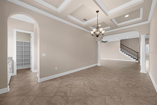 15344 Johns Lake Pointe Blvd, Winter Garden, FL 34787 - empty room with ornate columns, coffered ceiling, beamed ceiling, a chandelier, and arched walkways