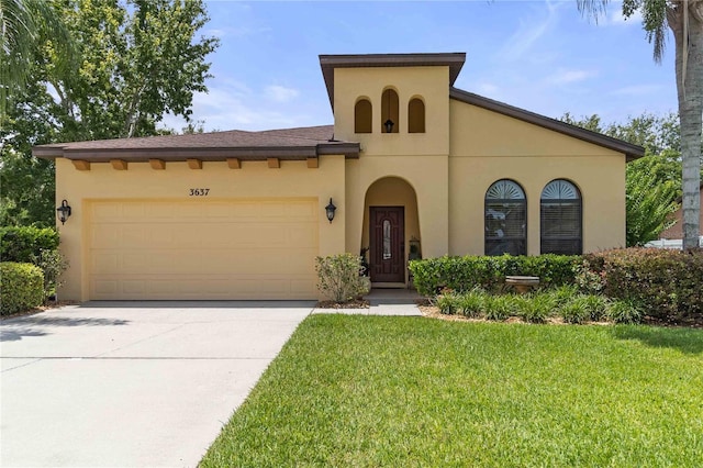 3637 Foxchase Dr, Clermont, FL 34711 - mediterranean / spanish house featuring stucco siding, an attached garage, driveway, and a front lawn