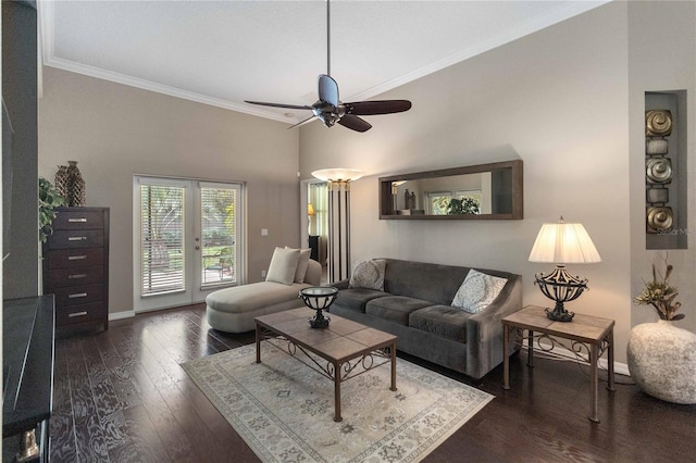 3637 Foxchase Dr, Clermont, FL 34711 - living room with crown molding, ceiling fan, wood finished floors, and french doors