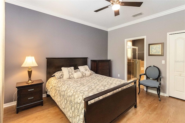 3637 Foxchase Dr, Clermont, FL 34711 - bedroom with crown molding, light wood-type flooring, ceiling fan, and ensuite bathroom