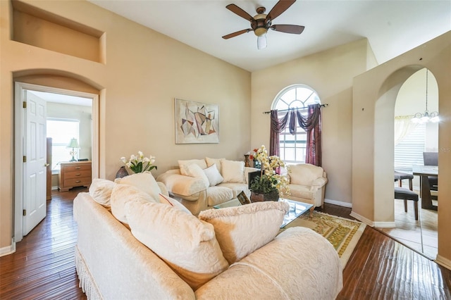 742 Seneca Trl, Saint Cloud, FL 34772 - living area featuring ceiling fan, plenty of natural light, wood-type flooring, and baseboards