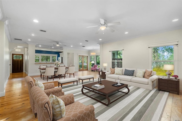 408 W Pearl St, Minneola, FL 34715 - living area with ceiling fan, crown molding, light wood finished floors, and recessed lighting