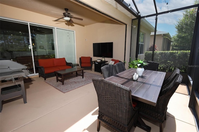 3574 La Jolla Dr, Clermont, FL 34711 - view of patio with ceiling fan, an outdoor living space, outdoor dining space, and a lanai