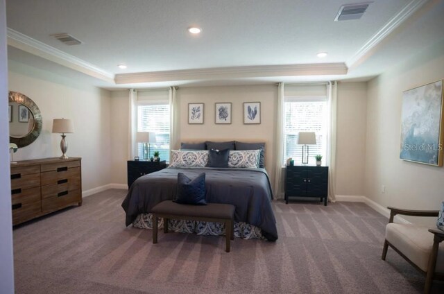 351 S Sunset Ave, Mascotte, FL 34753 - carpeted bedroom featuring a raised ceiling, multiple windows, crown molding, baseboards, and recessed lighting