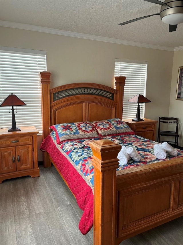 160 Calabay Parc Blvd, Davenport, FL 33897 - bedroom with light wood-type flooring, ornamental molding, a ceiling fan, and a textured ceiling