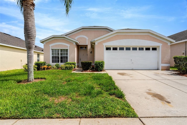 8152 Fan Palm Way, Kissimmee, FL 34747 - ranch-style house with stucco siding, concrete driveway, an attached garage, and a front lawn
