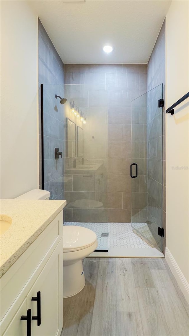 2486 W Magenta Dr, Citrus Springs, FL 34434 - full bathroom with wood finished floors, vanity, a shower stall, and recessed lighting