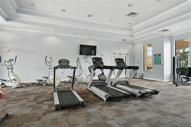 436 Caraway Dr, Kissimmee, FL 34759 - exercise room with carpet flooring, a raised ceiling, ornamental molding, and recessed lighting