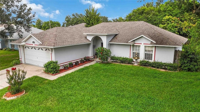 176 Hidden View Dr, Groveland, FL 34736 - ranch-style home with an attached garage, roof with shingles, a front yard, concrete driveway, and stucco siding