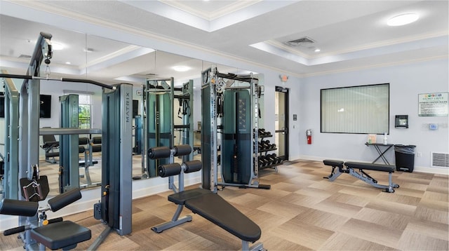 15579 Water Spring Blvd, Winter Garden, FL 34787 - gym featuring a raised ceiling, crown molding, carpet, and recessed lighting