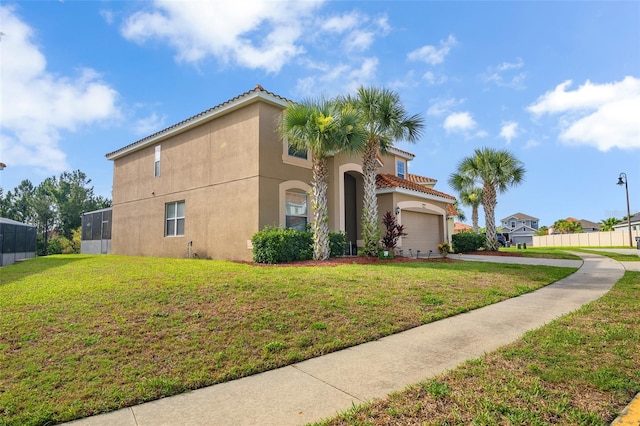 381 Cabello Dr, Davenport, FL 33837 - view of side of home with stucco siding, a tiled roof, driveway, a yard, and an attached garage