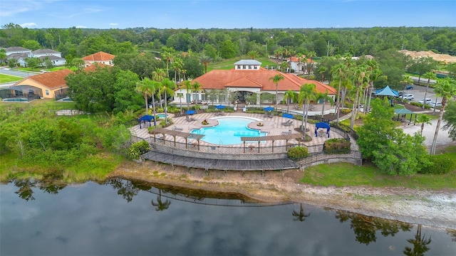 381 Cabello Dr, Davenport, FL 33837 - drone / aerial view of a pool, a nearby body of water, and a heavily wooded area