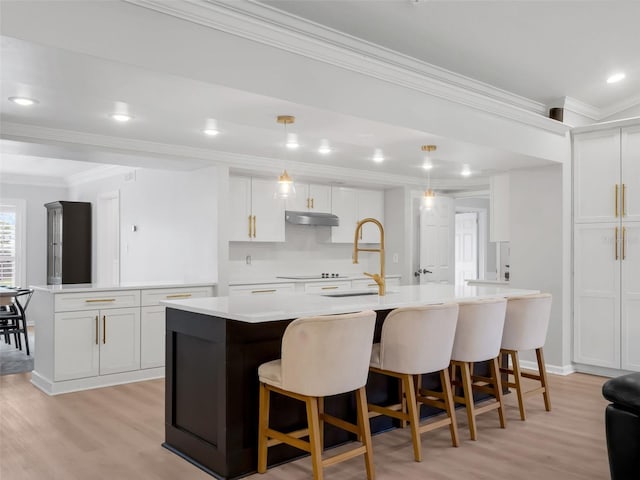 1105 Appleton Ave, Orlando, FL 32806 - kitchen featuring under cabinet range hood, light wood finished floors, ornamental molding, a center island with sink, and light countertops
