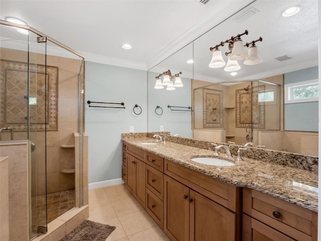 1105 Appleton Ave, Orlando, FL 32806 - full bath featuring ornamental molding, double vanity, a stall shower, tile patterned floors, and recessed lighting