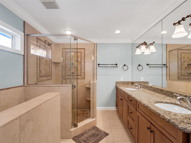 1105 Appleton Ave, Orlando, FL 32806 - full bath with tile patterned flooring, double vanity, a shower stall, ornamental molding, and recessed lighting