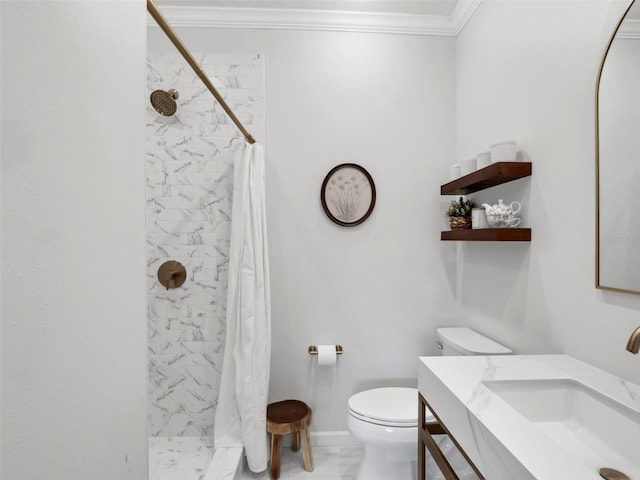 1105 Appleton Ave, Orlando, FL 32806 - full bath featuring crown molding, tiled shower, vanity, and marble look tile flooring