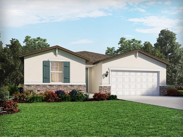 1732 Brekey Way, Zephyrhills, FL 33541 - view of front of home featuring stone siding, stucco siding, a garage, driveway, and a front yard