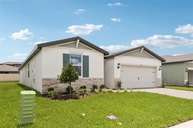 1732 Brekey Way, Zephyrhills, FL 33541 - ranch-style house with stone siding, driveway, a front yard, and a garage