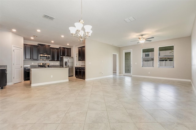 13209 Haystack Ct, Riverview, FL 33579 - unfurnished living room with a chandelier, light tile patterned flooring, ceiling fan, and recessed lighting