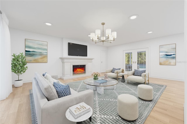 8735 Rancho Ct, Orlando, FL 32836 - living area featuring french doors, light wood-style floors, a chandelier, recessed lighting, and a lit fireplace