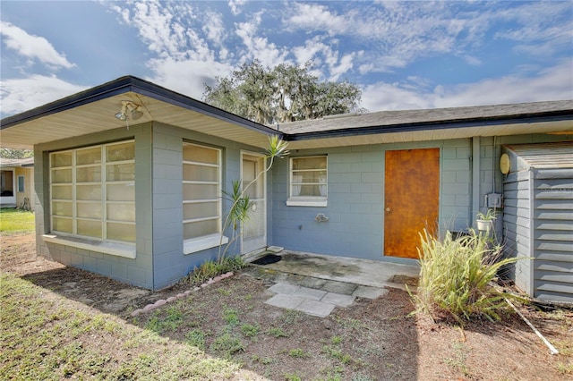 1607 Lindale Ave, Eustis, FL 32726 - view of exterior entry with concrete block siding and roof with shingles