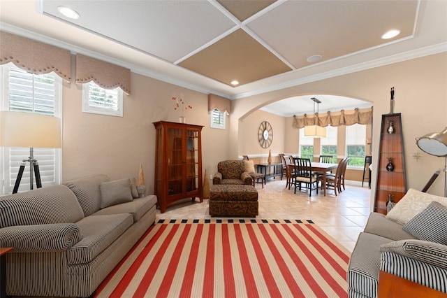 600 Egret Place Dr, Winter Garden, FL 34787 - living room featuring arched walkways, crown molding, recessed lighting, and light tile patterned floors