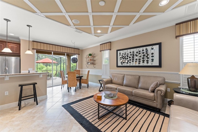 600 Egret Place Dr, Winter Garden, FL 34787 - living area with coffered ceiling, baseboards, recessed lighting, ornamental molding, and light tile patterned floors