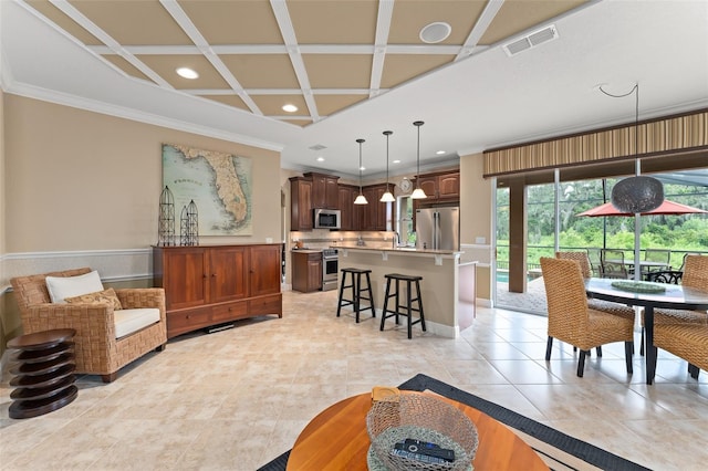 600 Egret Place Dr, Winter Garden, FL 34787 - dining space featuring ornamental molding, coffered ceiling, recessed lighting, and light tile patterned floors