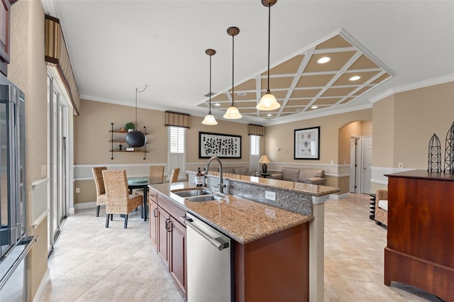 600 Egret Place Dr, Winter Garden, FL 34787 - kitchen featuring a sink, stainless steel dishwasher, arched walkways, crown molding, and light tile patterned floors